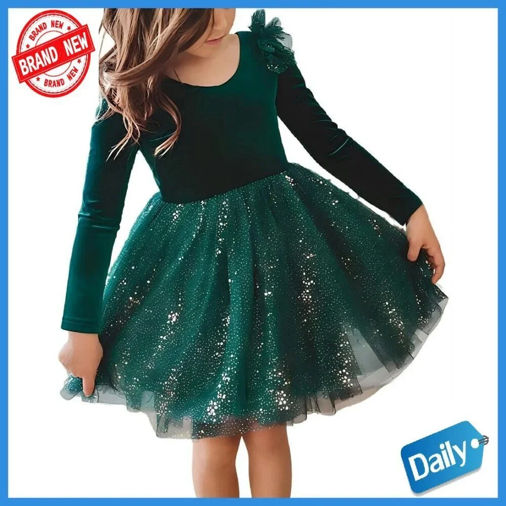Velvet Tulle Sequin Tutu Dress Long Sleeve A-Line Kids Holiday Party